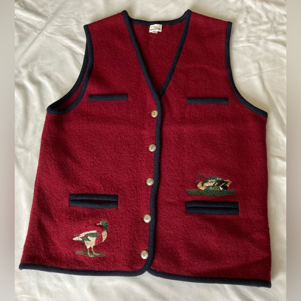 Vntg Eric ALEXANDRE 100%  Wool V-neck Sweater Vest Women’s Size L  5 Button